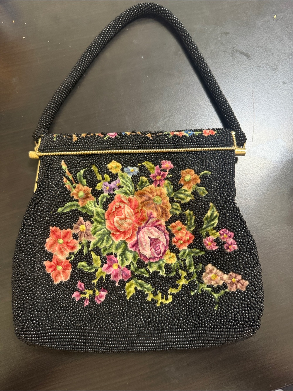 Black Beaded Floral Evening Clutch with Multicolor Needlepoint